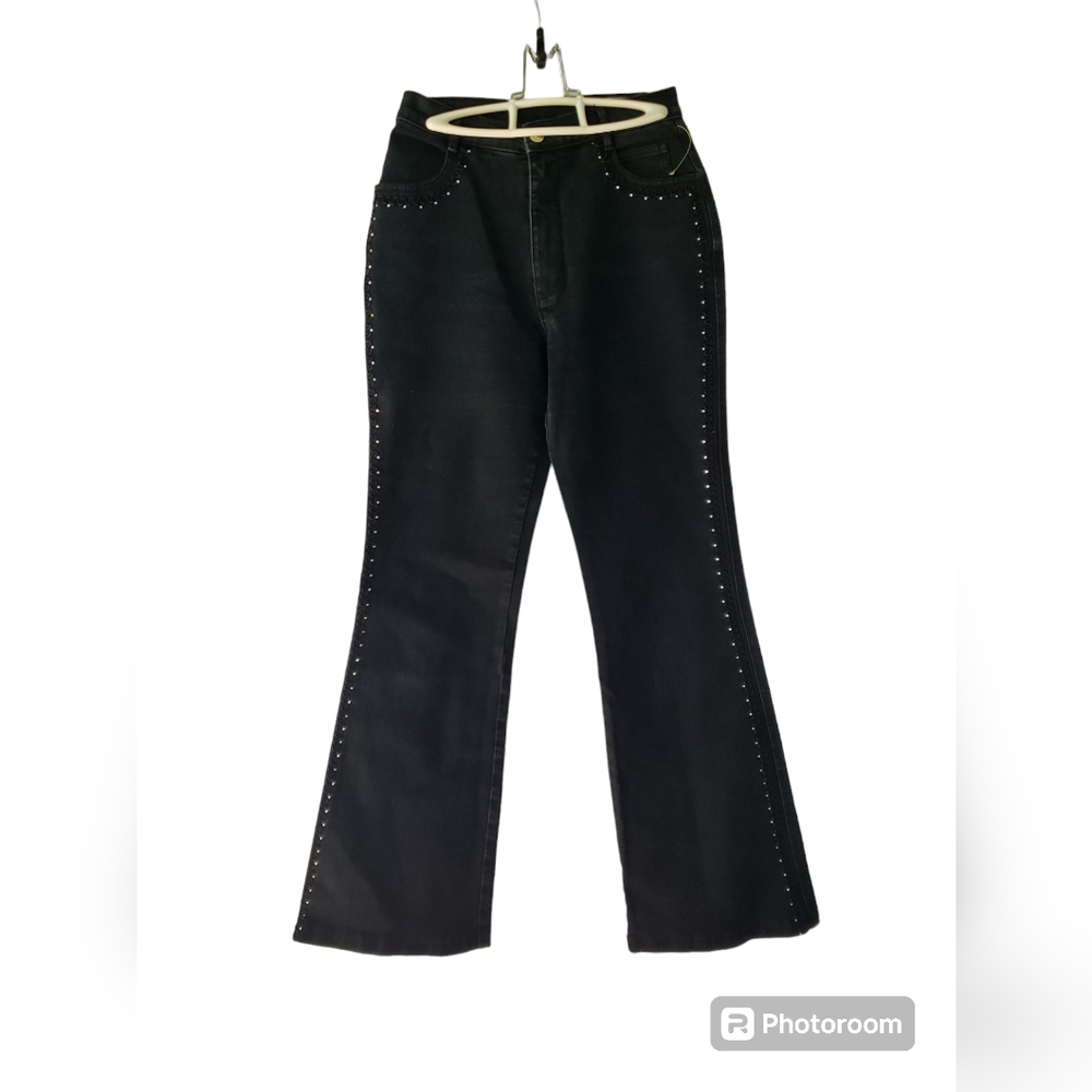 Lafei Nier Jeans Womens Size 27 Black Embellished Embroidered  High Rise Flare